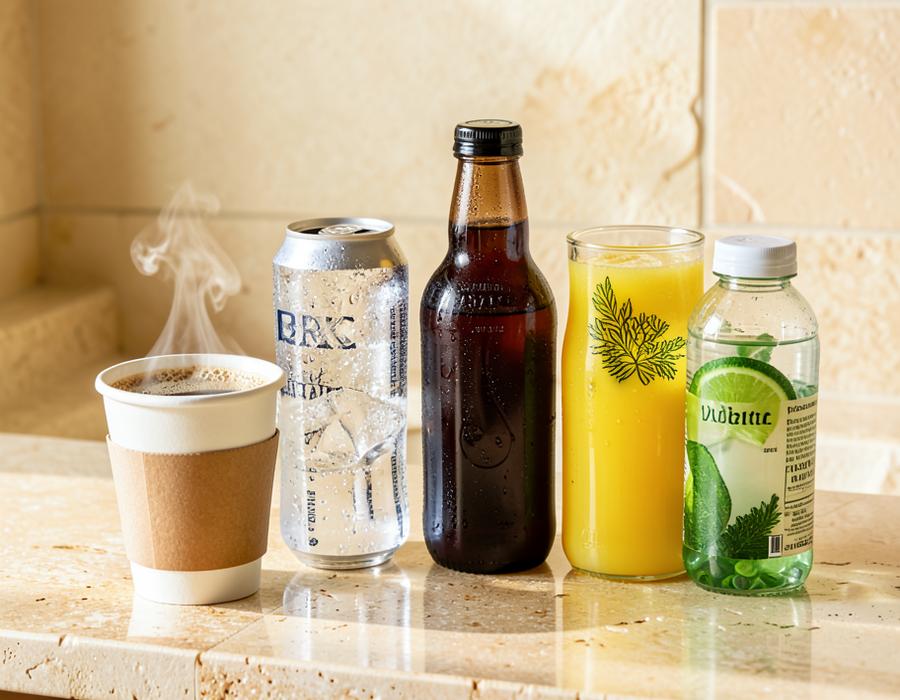 Coffee, sparkling water, cold brew, juice and hydration drinks