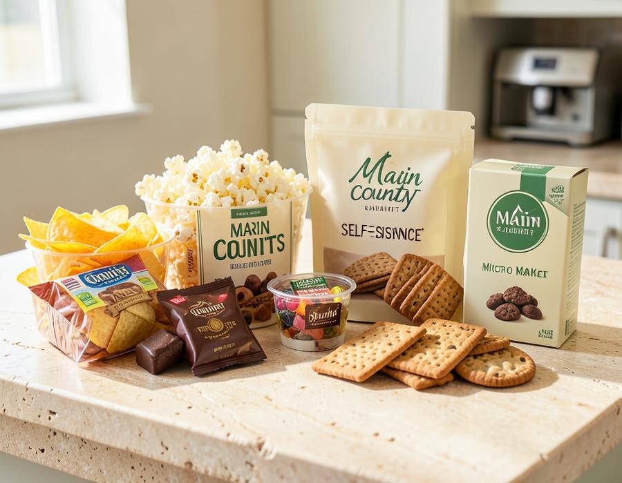 A selection of chips, popcorn, chocolate, crackers and cookies